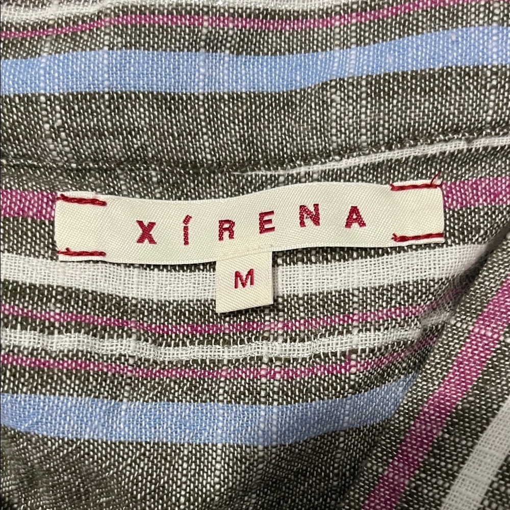 XiRENA Gray Striped V-Neck Blouse with Blue and Purple Accents - Picture 8 of 9